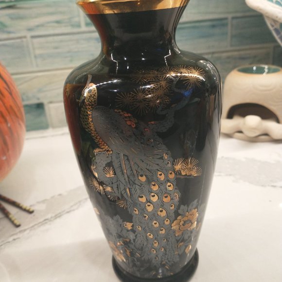 Vintage Peacock Floral Gold Trim Vase Japan - Picture 1 of 14